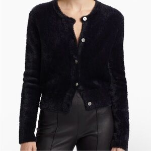 Vince. Women’s Black Fuzzy Eyelash Cropped Long Sleeve Cardigan Sweater Size S